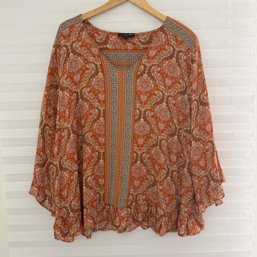 Cynthia Rowley Woman Orange Paisley Boho Ruffle Blouse 3X Bell Sleeve V-Neck